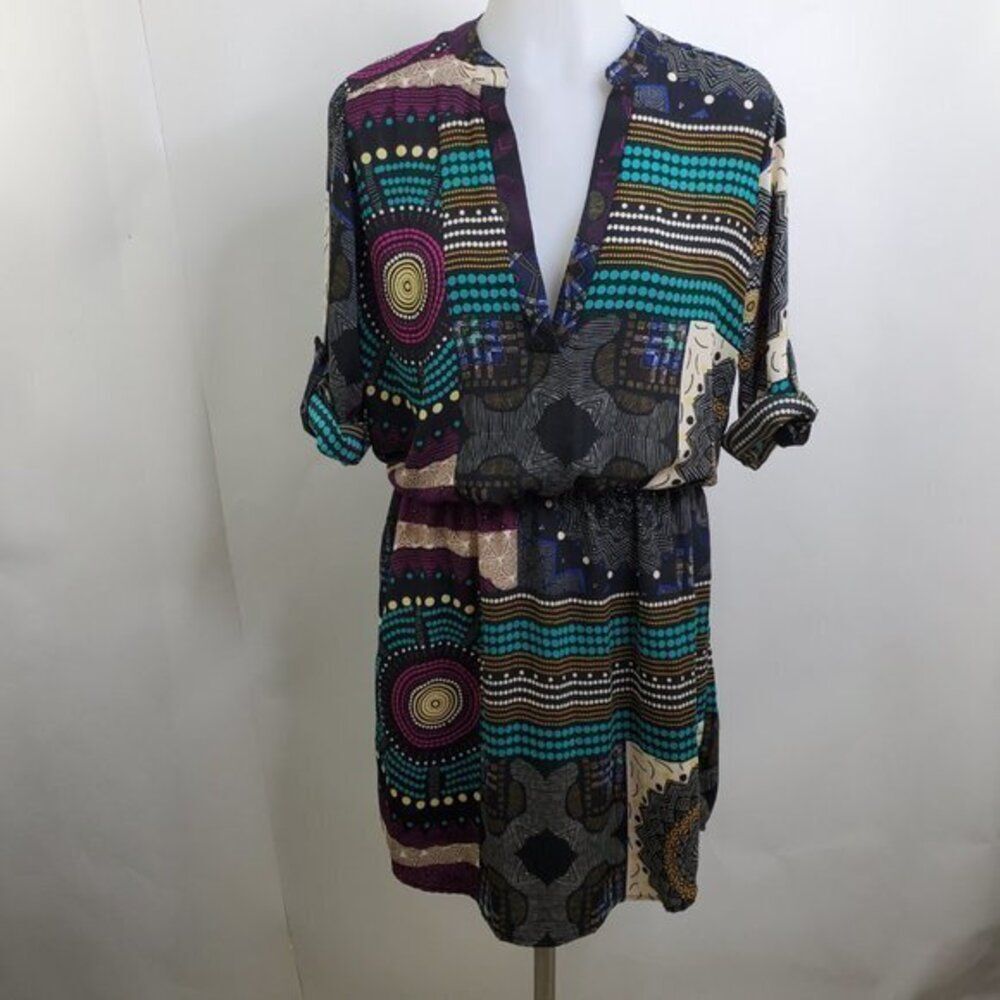 Renee C Dress L A-line Purple Blouson V-neck Geometric Roll Tab Sleeve Bright